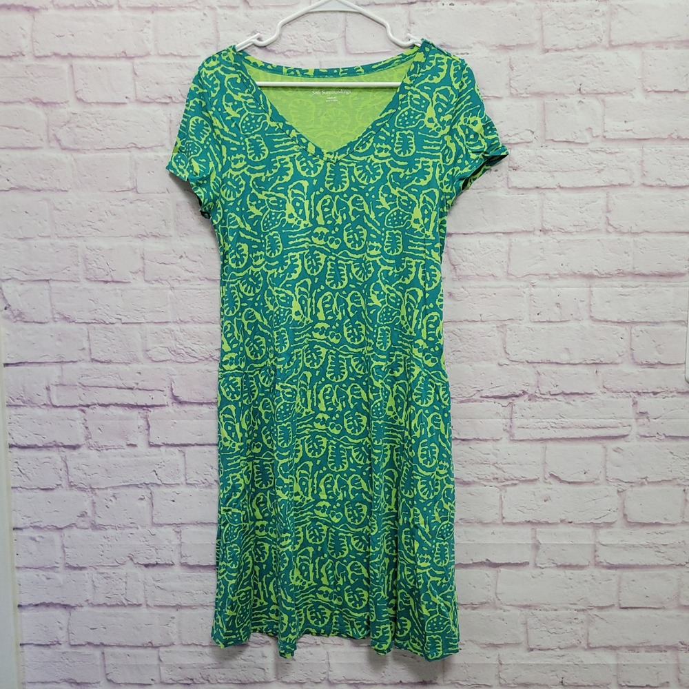 Soft Surroundings Santiago Gaia Green Leaf Pocket Dress M Tropical Cottage Coast